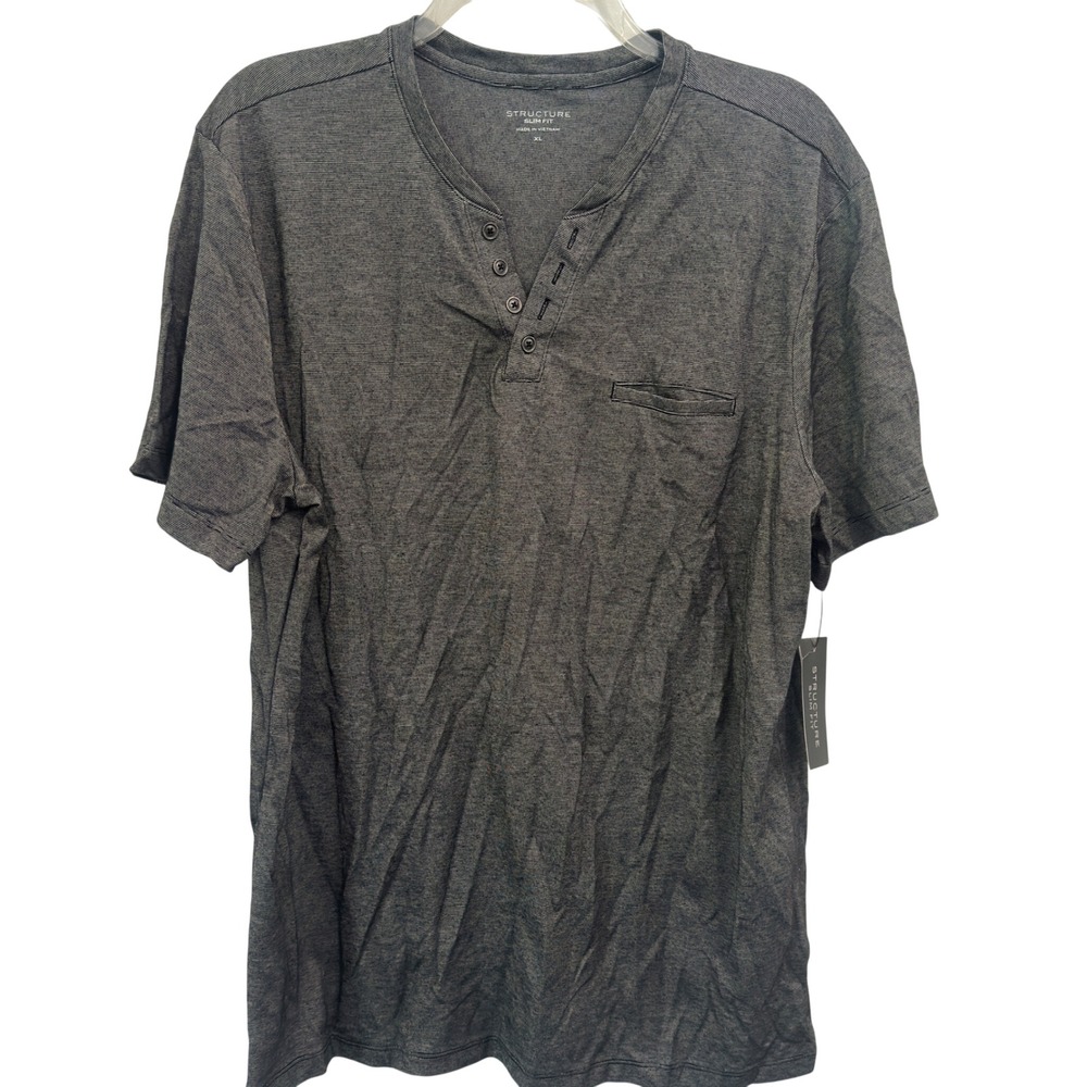 Structure Henley Shirt Mens XL Gray Striped Cotton Blend Slim Fit Short Sleeve